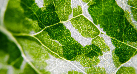 Fototapeta premium View of Variegation Leaf Surface Showing Plant Cells For Education. Leaf in Macro Shot Background. Bright Green Leaves of Plant or Tree With Texture and Pattern Close Up