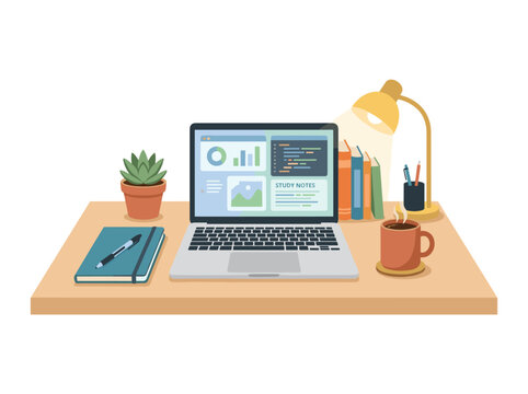 Student desk with laptop, books, and coffee, bright desk lamp