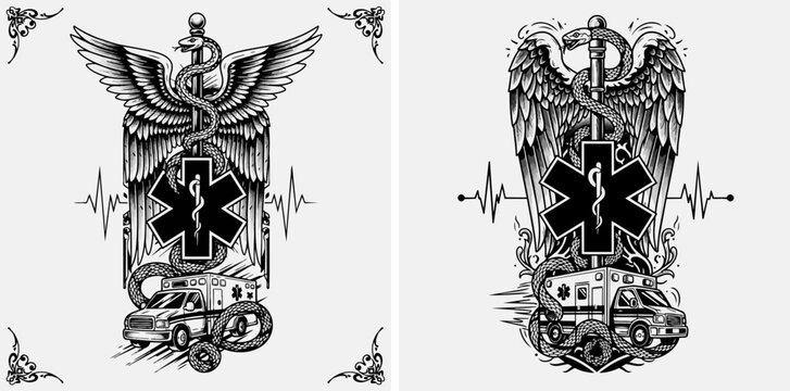 Medical symbols, paramedic icons, emergency signs, vector graphics, black and white illustrations, healthcare badges