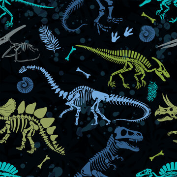 Seamless  Dino skeleton pattern, print for T-shirts, textiles, wrapping paper, web. Original design with t-rex,dinosaur skeleton.  grunge design for boys . 