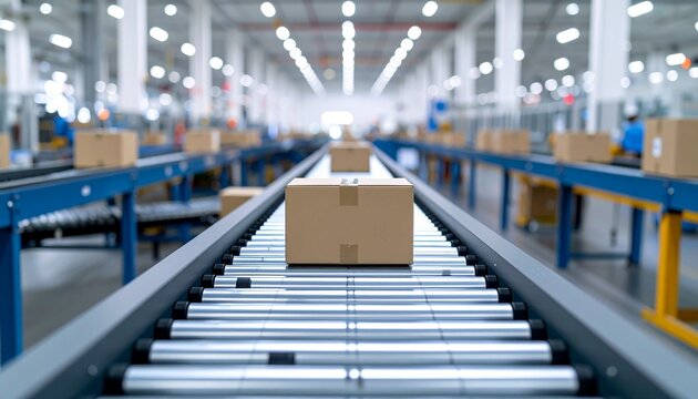 Automated conveyor belt system transporting cardboard boxes in a modern distribution warehouse