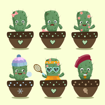 Set of cute hand drawn cacti, different emotions and seasons