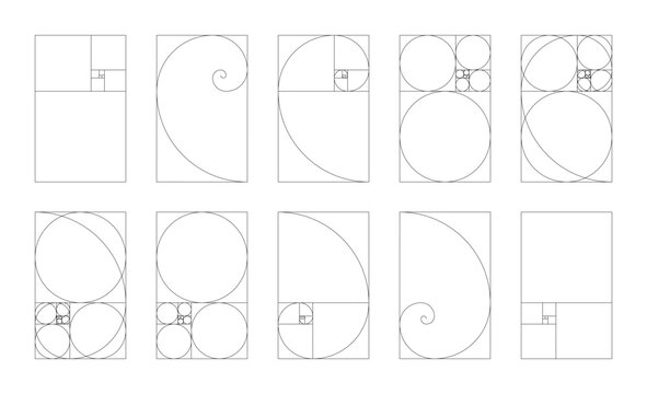 Fibonacci numbers array set of 10 vertical elements. Template of golden ratio harmony proportions. Ratio used in design.