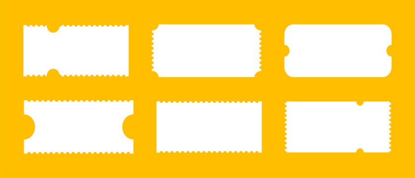 Admit tickets mockups isolated on yellow background. Pattern of ticket for cinema, circus, theater, festival, casino, club. Flat empty template. Simple boarding blank. Minimalist sale coupons.