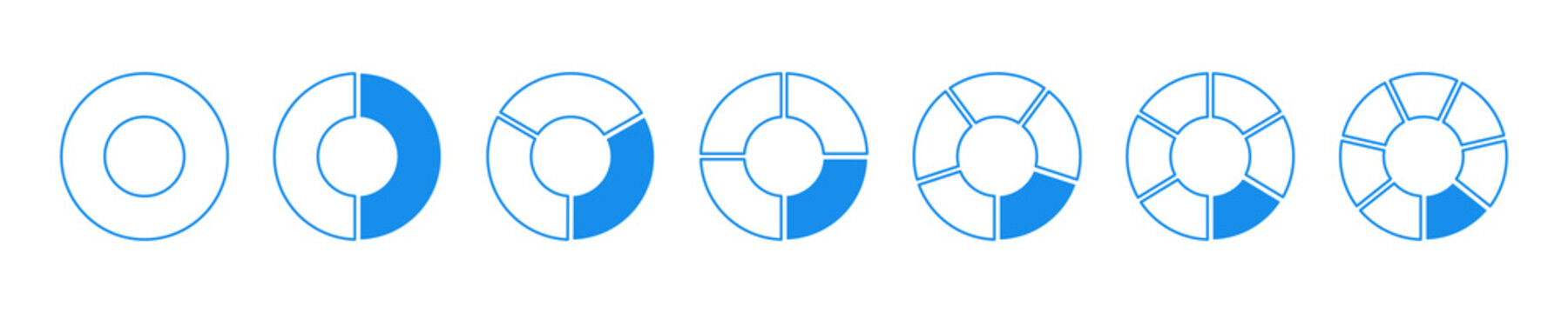 Wheel round blue divided diagrams with one, two, three, four, five, six, seven segments. Circle division on 1 2 3 4 5 6 7 equal parts. Coaching blank.