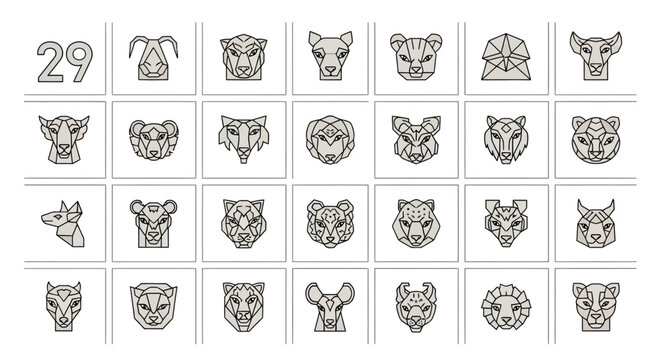 Collection of various animal face line art.