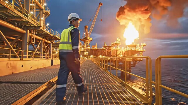 Engineer wearing a hard hat and reflective vest walks along a metal walkway on an offshore oil drilling platform with a burning gas flare in the background