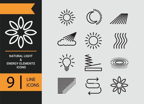 Natural light energy elements outline icons sun rays eco energy symbols