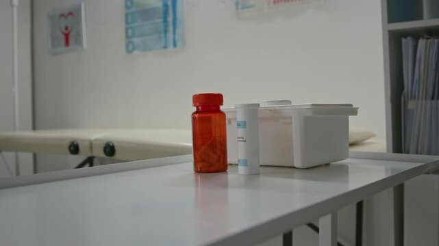 Close up shot of pill bottles resting on table in examination room at modern clinic, copy space