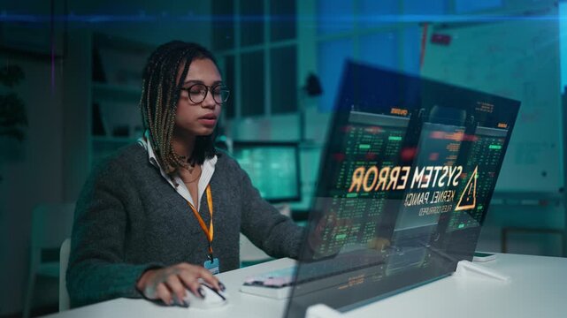 Woman developer receives error alert on glowing holographic computer display