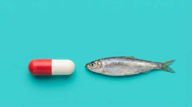 Antibiotic capsule and fish on teal surface antimicrobial resistance food chain contamination safety.