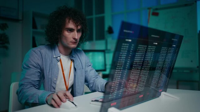 Male IT specialist detects virus alert on futuristic holographic computer screen