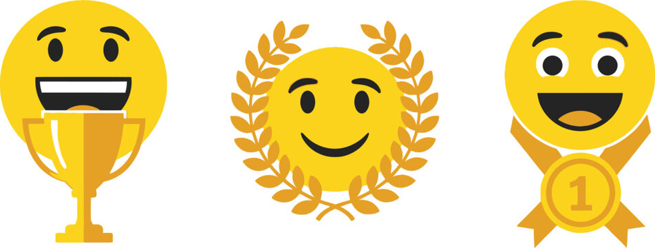 A vibrant collection of three golden award emojis a trophy a laurel wreath and a first place medal all with cheerful faces
