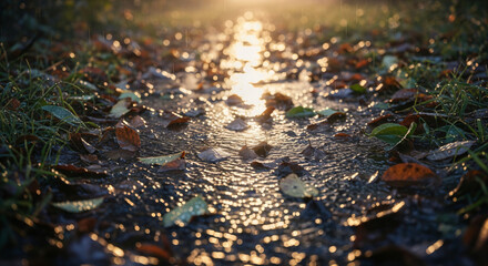 Fototapeta premium Wet Autumn Path with Glistening Leaves Golden Rain Sparkles