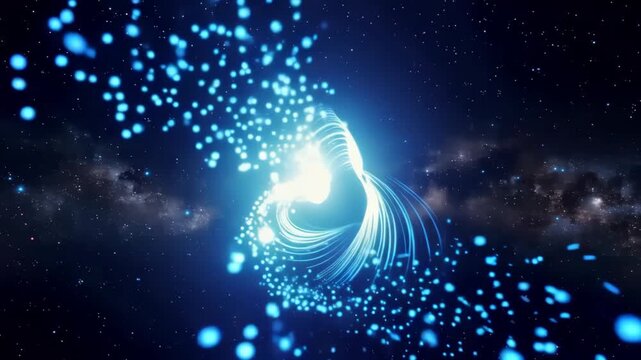 Abstract swirling blue energy particles forming a vortex against a starry galaxy background.