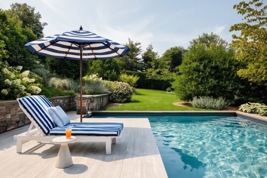 Sunny Day by the Pool With Lounge Chair and Striped Umbrella in a Garden