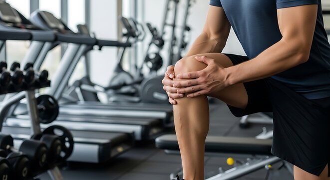 Man experiencing knee pain while exercising at the gym with various equipment