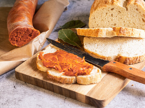 Sobrasada on bread, traditional Mallorca food, rustic Mediterranean cuisine