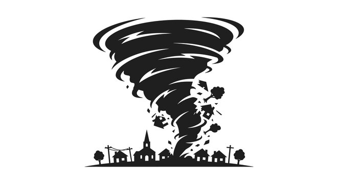 A destructive tornado sweeps over a small town black silhouette