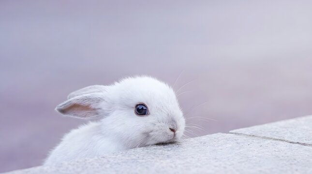 White fluffy bunny rabbit peeking out against a soft purple background