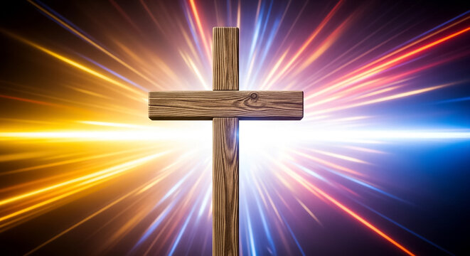 Wooden cross with radiant light rays in dramatic motion blur background