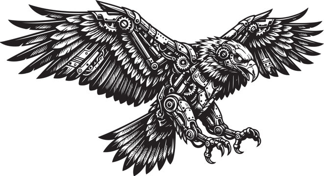Steampunk eagle mechanical bird of prey in flight detailed illustration with robot eagle, steampunk