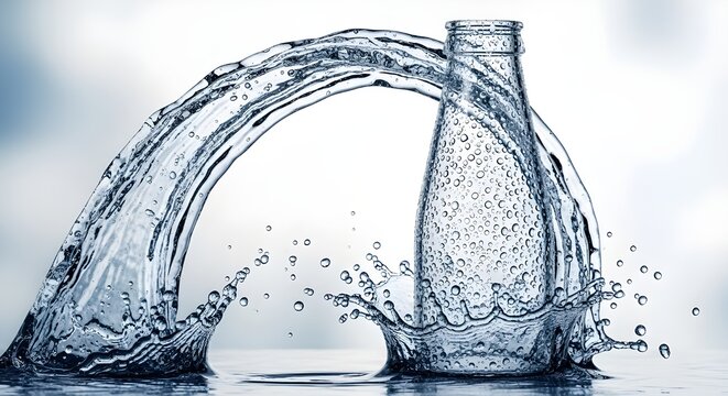 Water bottle with flowing water arch isolated on white background for healthy hydration and refreshment concepts