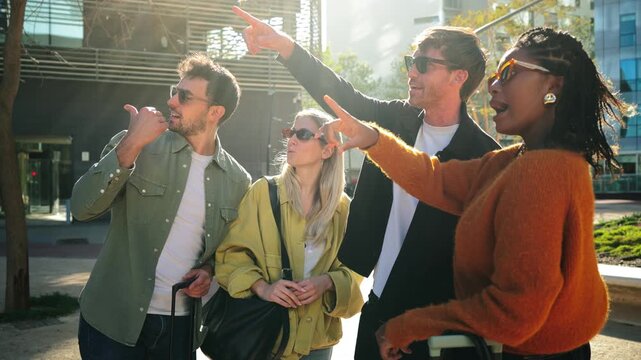 A cheerful group of friends engaging in lively conversation while getting ready for their thrilling journey with suitcases in hand.