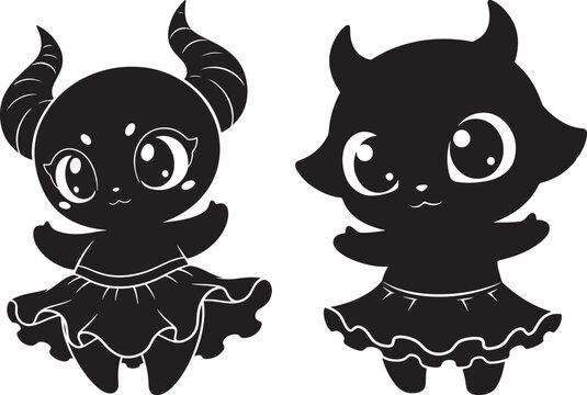 Two cute cartoon devils with horns and skirts large eyes black and white childlike innocent adorable character illustration stylized silhouette mythical creature whimsical creative