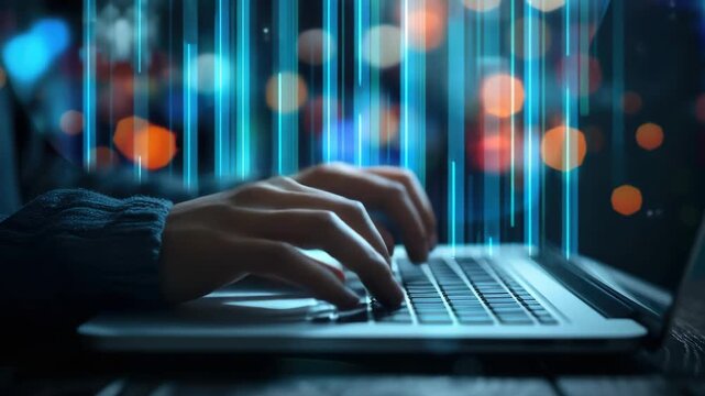 Hands type on laptop keyboard. Blue light streaks rise behind screen. Bokeh glow adds digital ambiance. Focused work scene with modern tech. Background blurred for visual depth