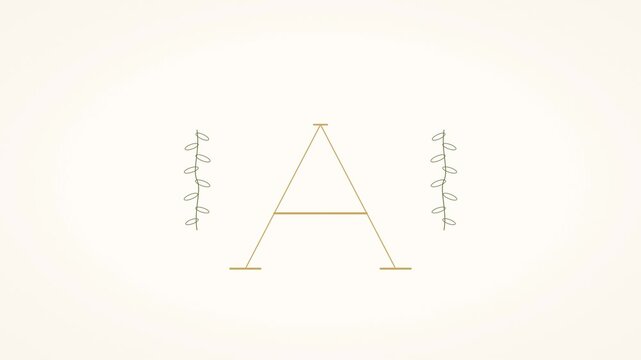 Elegant A letter monogram in gold linework outline serif with sage eucalyptus and olive botanical sprigs on cream ivory background, minimalist editorial wedding invitation seamless loop in 4K