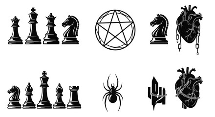 Collection of Gothic Tattoo Style Icons Featuring Chess Pieces a Pentagram a Spider and Anatomical Hearts © Nana