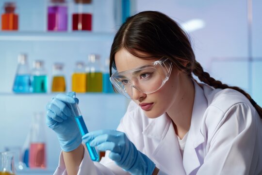 Young Scientist Examines Test Tube in Modern Laboratory During Research Experiment With Colored Liquids