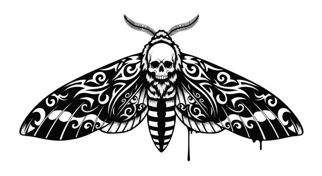 Detailed Black and White Deaths head Hawkmoth Gothic Tattoo Design with Skull