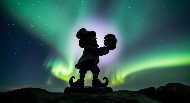 St Patrick's Day Leprechaun Silhouette Holds Pot of Gold Against Aurora Borealis Night Sky Celebration Myth Legend Treasure Fortune Festive