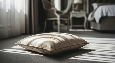 Fototapeta premium Elegant Silk Scatter Cushion with Subtle Gold Embroidery on Floor