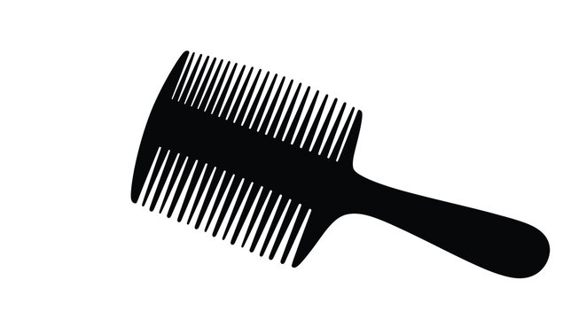 A minimalist black and white illustration depicts a barber s comb showcasing its evenly spaced teeth and handle