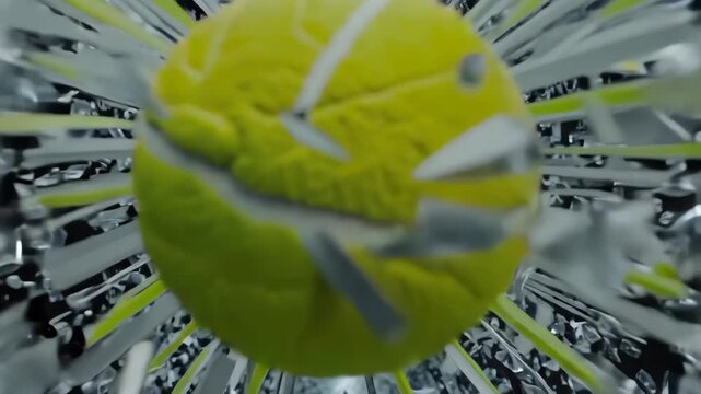 An exploding green tennis ball surrounded by shattered glass particles, creating a dynamic visual effect in a dark setting