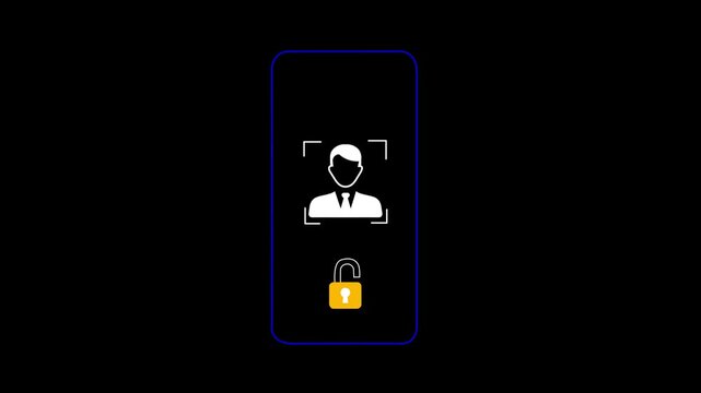 Smartphone displays a facial recognition scanning interface that successfully identifies a user profile and shows an orange unlocked padlock icon to permit secure access to the mobile device menu.