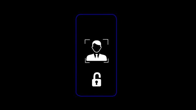 Smartphone displays a facial recognition scanning interface that identifies a user profile and shows a white unlocked padlock icon to grant secure access to digital information on the mobile device.