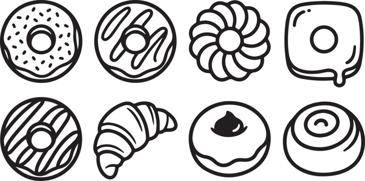 Assortment of doodle style donuts and pastry, black and white outline drawings, baked goods