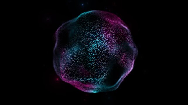Multicolor glowing particle sphere loop on black background. Cyan and pink energy orb with dynamic dots and plasma flow. Abstract futuristic digital ball with soft motion and depth. 4K 60fps loop