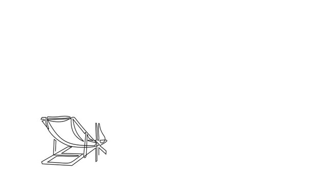 Animated self drawing of continuous line draw of  World Tourism Day Beach Relaxation with Umbrella and Chairs.    Full length one line animation. 4K