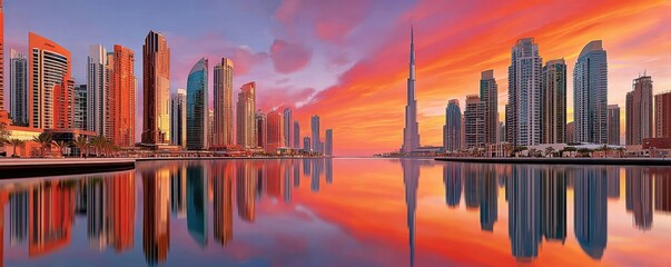 Fototapeta premium Vibrant Dubai skyline at sunset with Burj Khalifa and dramatic reflection over calm water