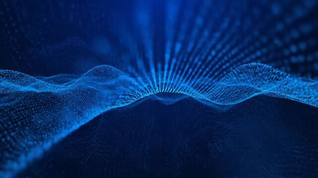 An abstract, digital illustration featuring blue dots forming undulating waves on a dark background