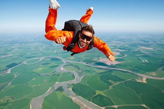 Skydiving Adventure Over Green Fields and Rivers on a Sunny Day With a Smiling Woman
