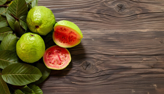 Fresh guavas with red pulp and leaves on a rustic wooden surface. Space for text.