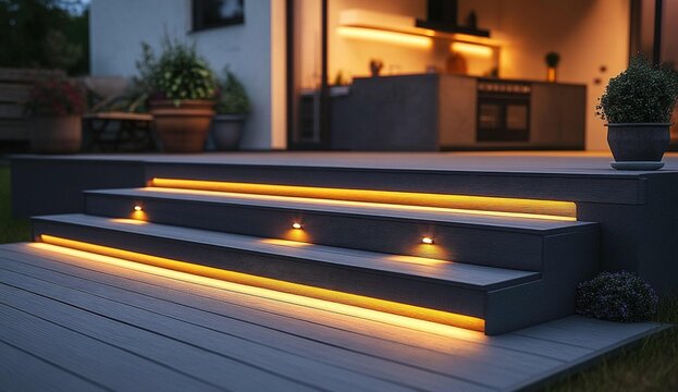 A photo of a grey wooden deck with steps, each step having lights underneath.