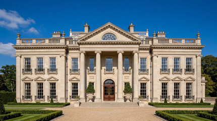 Obraz premium Elegant neoclassical mansion with grand columns and manicured gardens under a clear blue sky