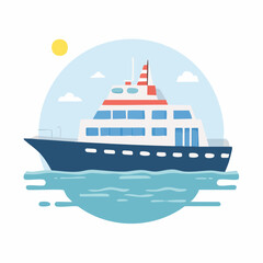 Fototapeta premium Flat Design Cruise Ship Sailing on Water Under Sunny Sky